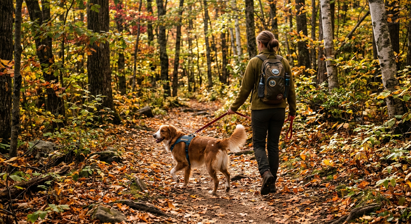 A happy dog on a leash hiking through a wooded forest trail with its owner during a Homemade Hounds Paws & Explore event in Florida